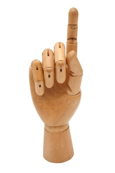 wooden hand touching virtual screen. Isolated on white.