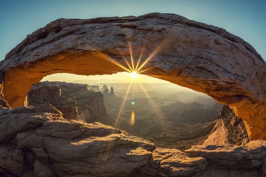 Sunrise at Mesa Arch in Canyonlands National Park, Utah, special photographic processing 