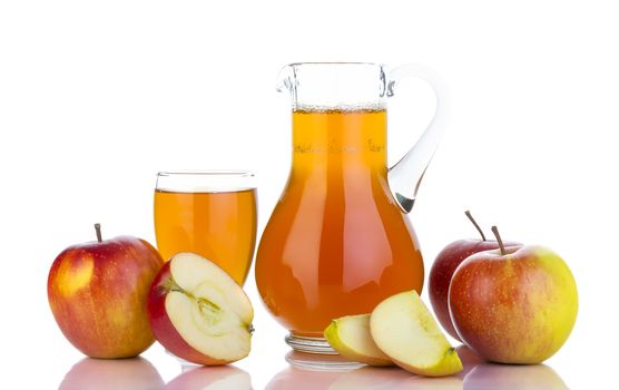 Juicing background. Fresh apples, glass with juice on white background. Healthy fruit eating and drinking.
