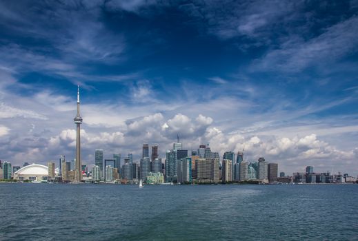 A view of Toronto City from an island on a cloudy day, Ontario, Canada.