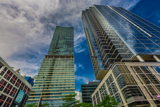 The vertical view of many amazing skycrapers in Toronto City downtown, Ontario, Canada.