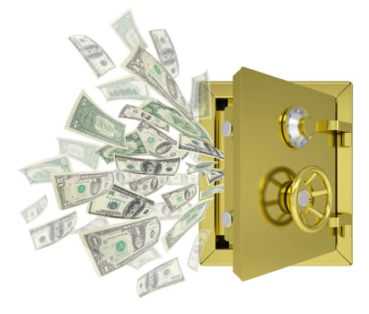 Dollars are emitted from an open safe. Isolated on white background