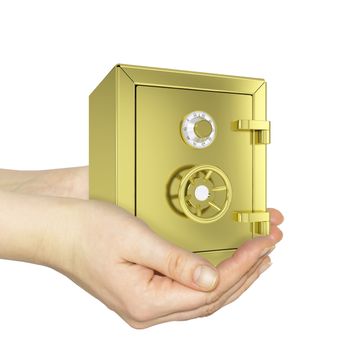 Hands holding gold safe. Isolated on white background. safety concept