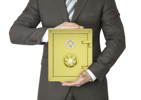 Man in a suit holding gold safe. Isolated on white background. safety concept