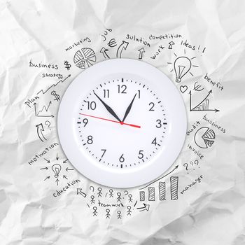 Conceptual image of clock with business sketches at background