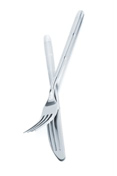 steel knife and fork on a white background
