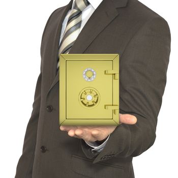 Man in a suit holding gold safe. Isolated on white background. safety concept