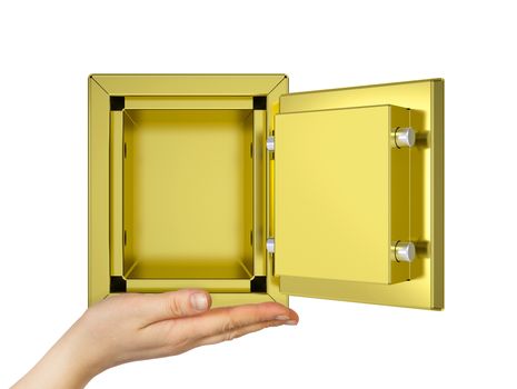 Hand holding open gold safe. Isolated on white background. safety concept