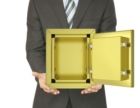 Man in a suit holding open gold safe. Isolated on white background. safety concept
