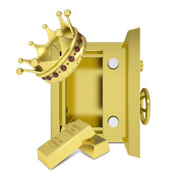 Gold crown, gold bullion and safe. Isolated on white background