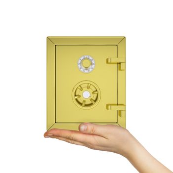 Hand holding gold safe. Isolated on white background. safety concept