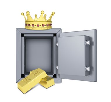 Gold crown, gold bullion and safe. Isolated on white background