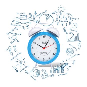 Conceptual image of Alarm clock with business sketches at background