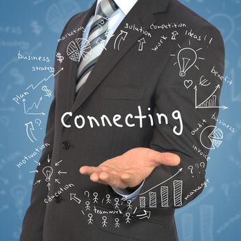 Man in suit holding word "connecting". Around fly business sketches