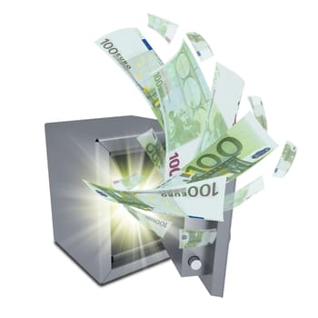 Euro banknotes are emitted from an open safe. Isolated on white background