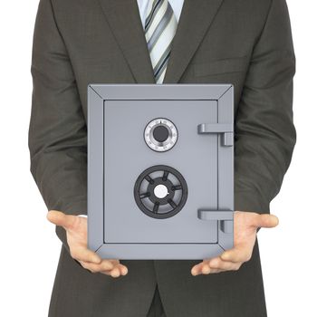Man in a suit holding a safe. Isolated on white background. safety concept