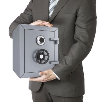 Man in a suit holding a safe. Isolated on white background. safety concept