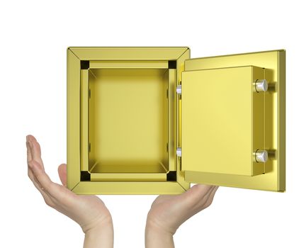 Hands holding open gold safe. Isolated on white background. safety concept