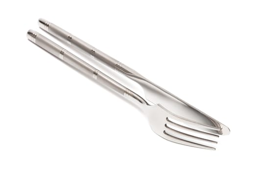 steel knife and fork on a white background