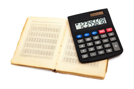 calculator with an old book on white background