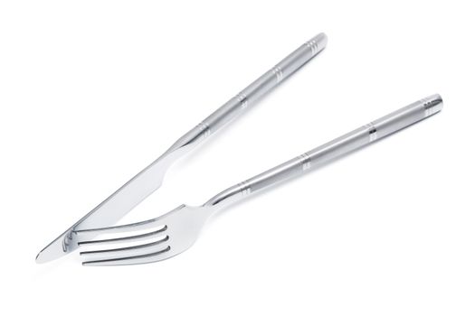 steel knife and fork on a white background