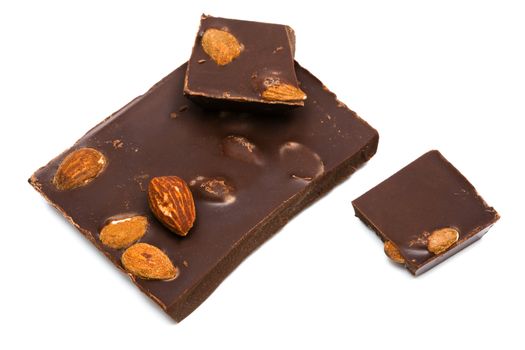 dark chocolate with nuts on white background