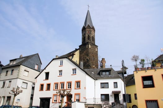 Houses and Church in the village of Lieser on the Moselle