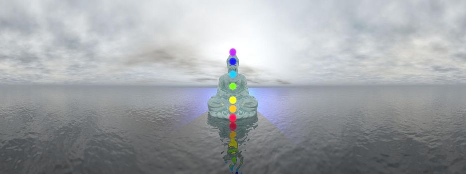 Buddha meditating with seven colorful chakras upon ocean by grey sunset, 360 degrees effect