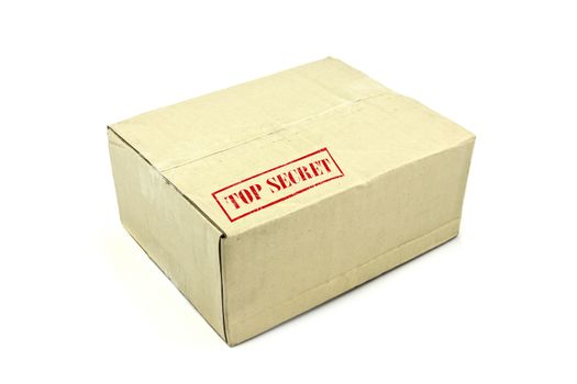 Close brown paper box on white