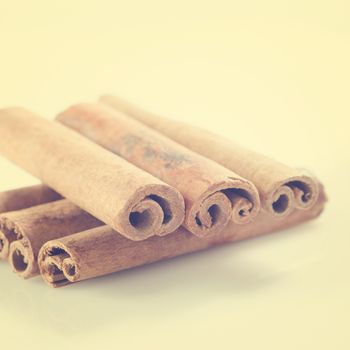 Cinnamon sticks in vintage retro background.