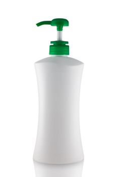 Plastic bottle of skin care product on white background