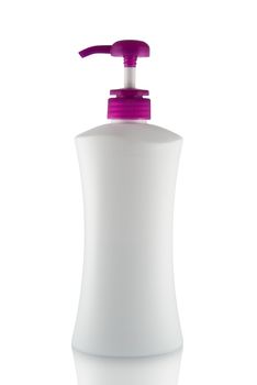 Plastic bottle of skin care product on white background