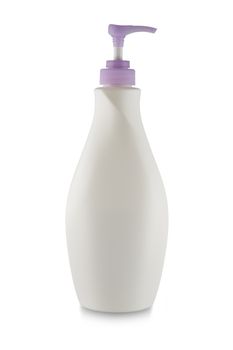 Plastic bottle of skin care product on white background