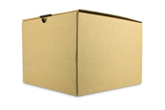 Close brown paper box on white
