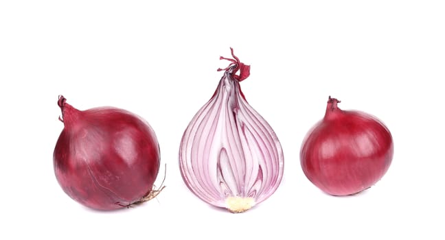Red onions and half. Isolated on a white background.