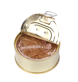 Canned tuna in a tin. Isolated on a white background.