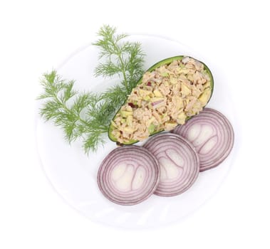 Avocado salad and tuna. Isolated on a white background.