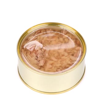 Canned tuna in a tin. Isolated on a white background.