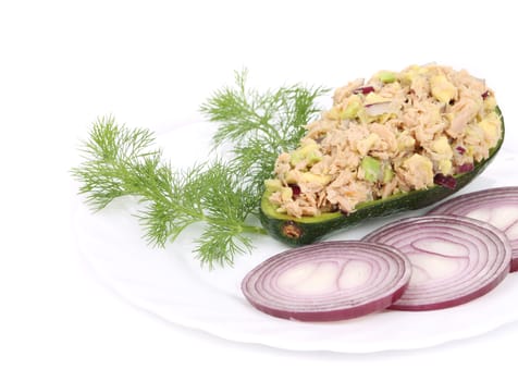 Avocado salad and tuna. Isolated on a white background.