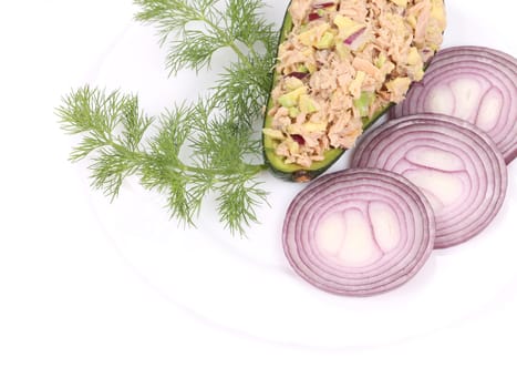 Avocado salad and tuna. Isolated on a white background.