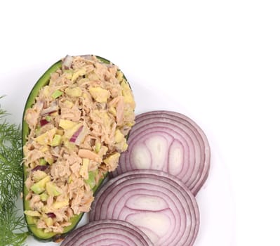 Avocado salad and tuna. Isolated on a white background.