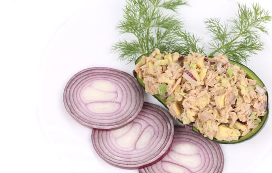 Avocado salad and tuna. Isolated on a white background.