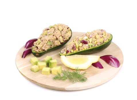 Avocado salad and tuna. Isolated on a white background.