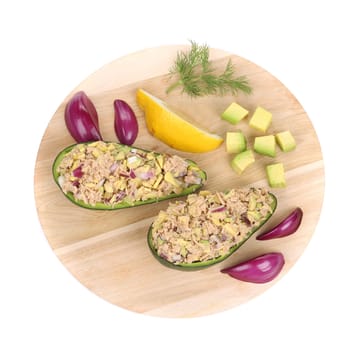 Avocado salad and tuna. Isolated on a white background.