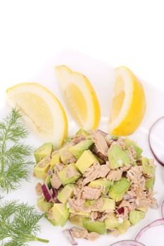 Avocado salad and tuna. Isolated on a white background.