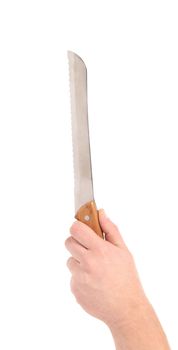 Hand holds kitchen knife for bread. Isolated on a white background.