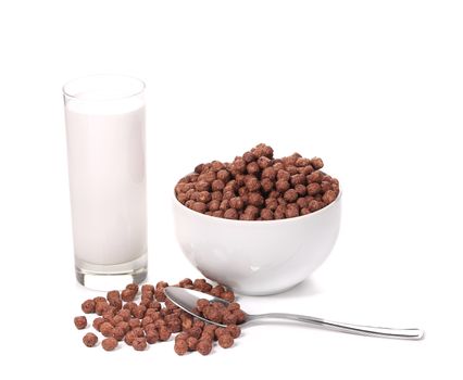 Bowl of chocolate flakes and milk. Isolated on a white background.