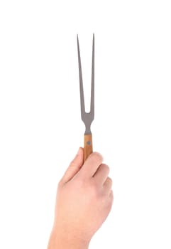 Hand holds fork. Isolated on a white background.