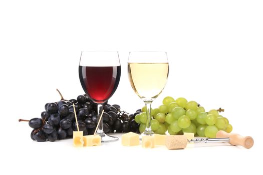 Two glass of wine with grapes and corkscrew. Isolated on a white background.