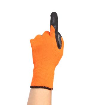 Hand in rubber glove shows one. Isolated on a white background.